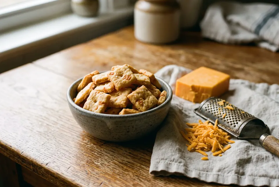 Petits biscuits au cheddar faits maison dans un bol, à côté d'un bloc de cheddar et d'une râpe
