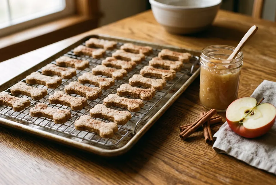 Biscuits en forme d’os sur une grille, avec un pot de compote, des bâtons de cannelle et une pomme