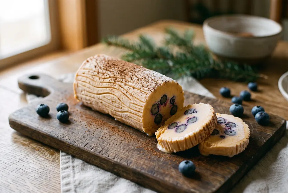 Bûche glacée orangée striée comme une écorce sur une planche en bois, avec deux tranches garnies de myrtilles