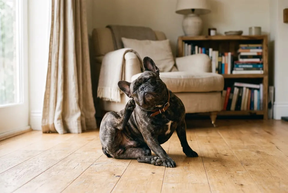 Un bouledogue français bringé se gratte derrière l'oreille, assis sur un parquet clair dans un salon ensoleillé