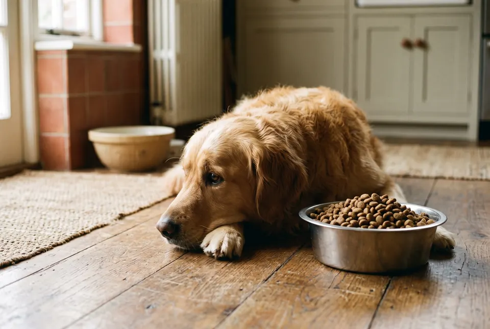 Un golden retriever couché sur le carrelage de la cuisine, la tête sur les pattes, à côté de sa gamelle de croquettes pleine