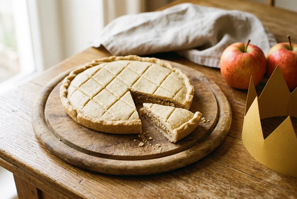 Petite galette dorée rayée en losanges, une part découpée laissant voir une garniture de pomme, posée sur une planche à côté d'une couronne en carton et de deux pommes