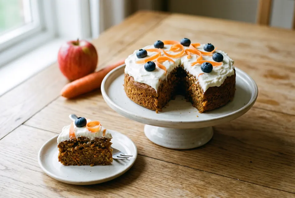 Gâteau pour chien glacé au yaourt, décoré de copeaux de carotte et de myrtilles, une part servie sur une assiette