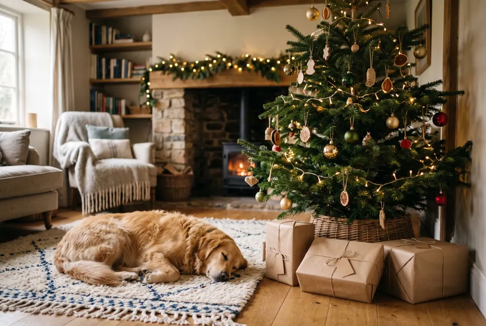 Un golden retriever endormi sur un tapis au pied d'un sapin de Noël décoré, des cadeaux emballés de papier kraft à côté