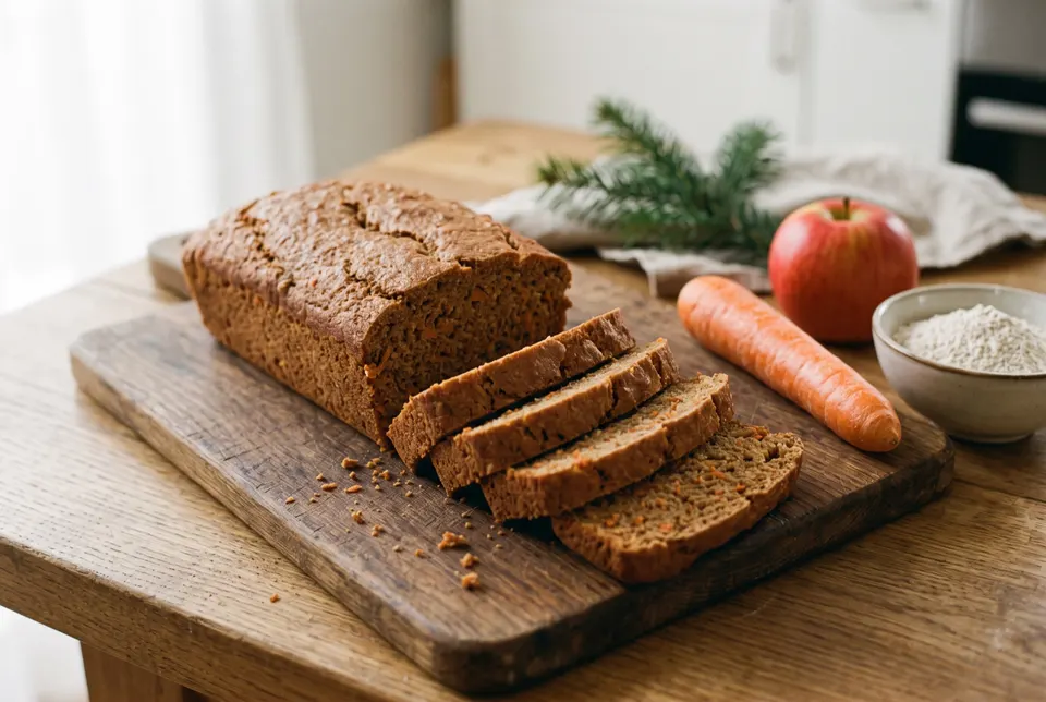 Petit cake brun au seigle coupé en tranches sur une planche, avec une carotte, une pomme, un bol de farine de seigle et un brin de sapin