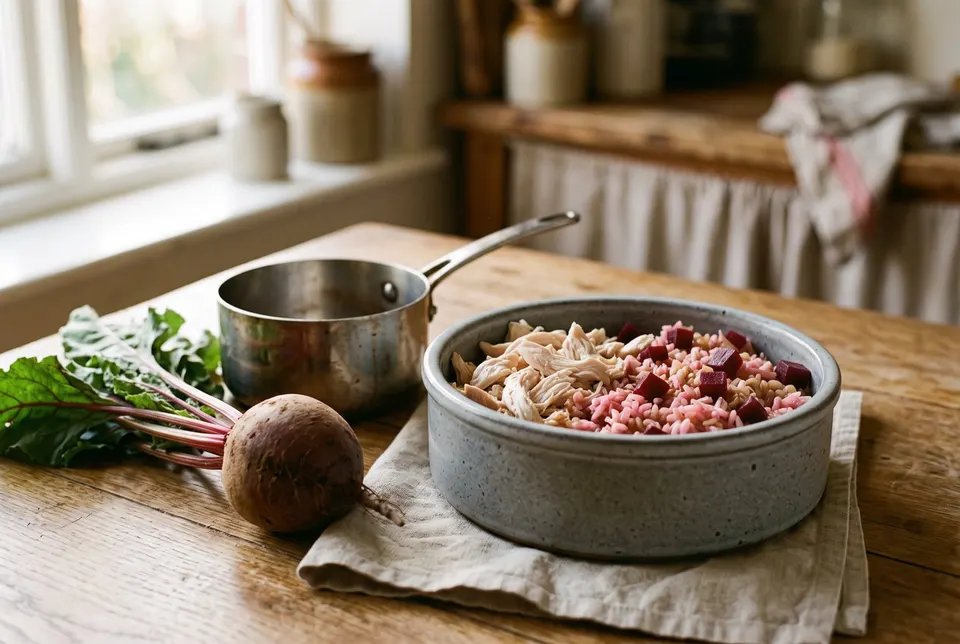 Gamelle de poulet effiloché, riz brun et dés de betterave, à côté d'une betterave entière