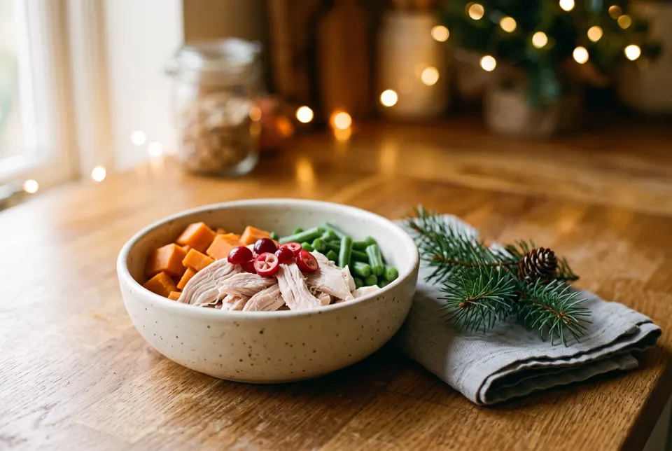 Gamelle de dinde effilochée, dés de patate douce, haricots verts et canneberges, à côté d'une branche de sapin
